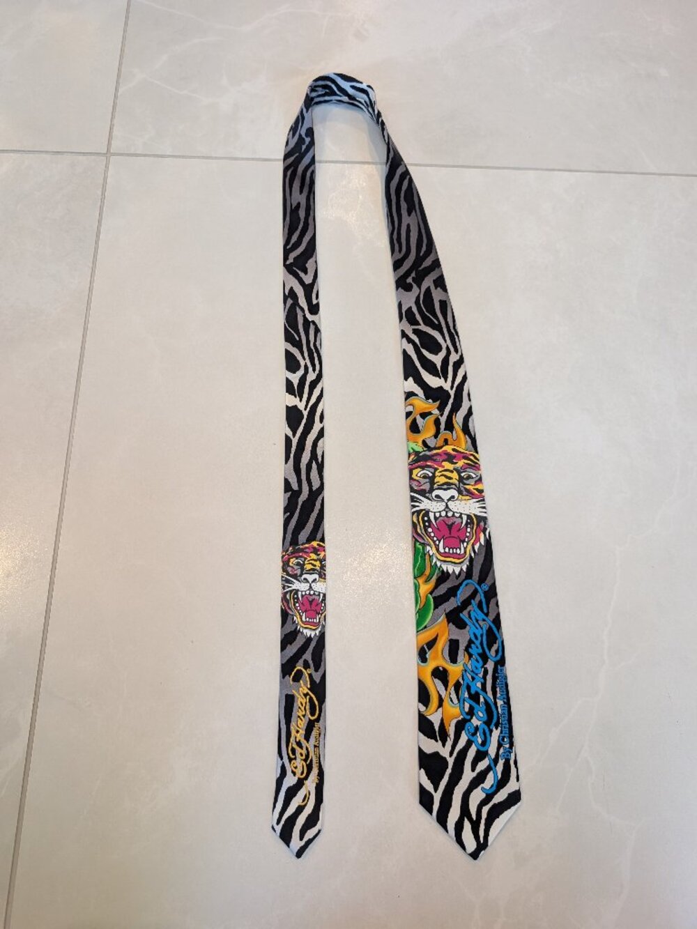 Vintage Ed Hardy Tiger Zebra Print Silk Tie Y2K Christian Audigier